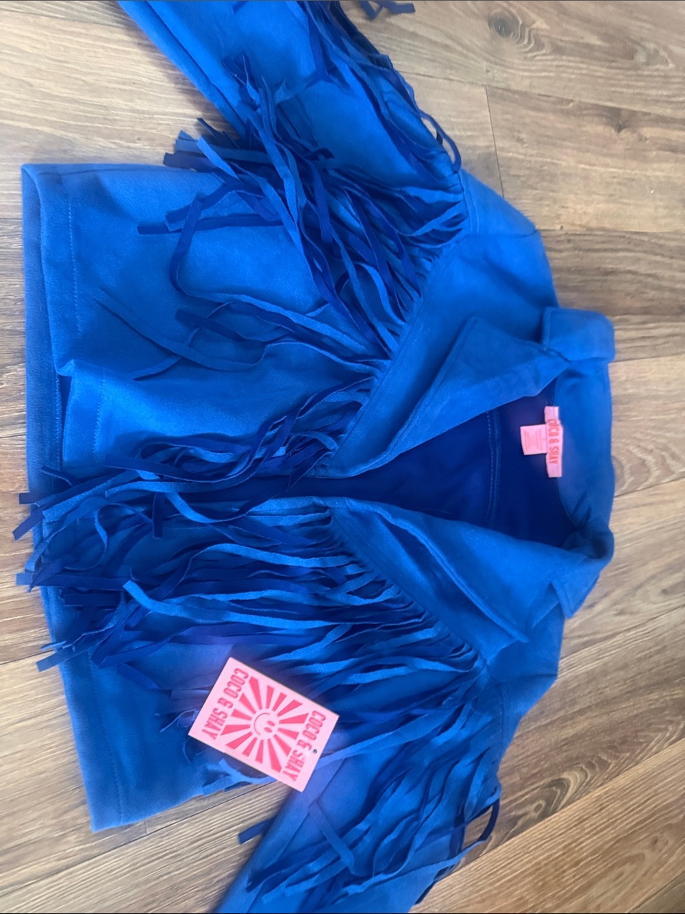 COCO & SHAY Blue Fringe Cropped Jacket with Neon Coral Label - Picture 7 of 8